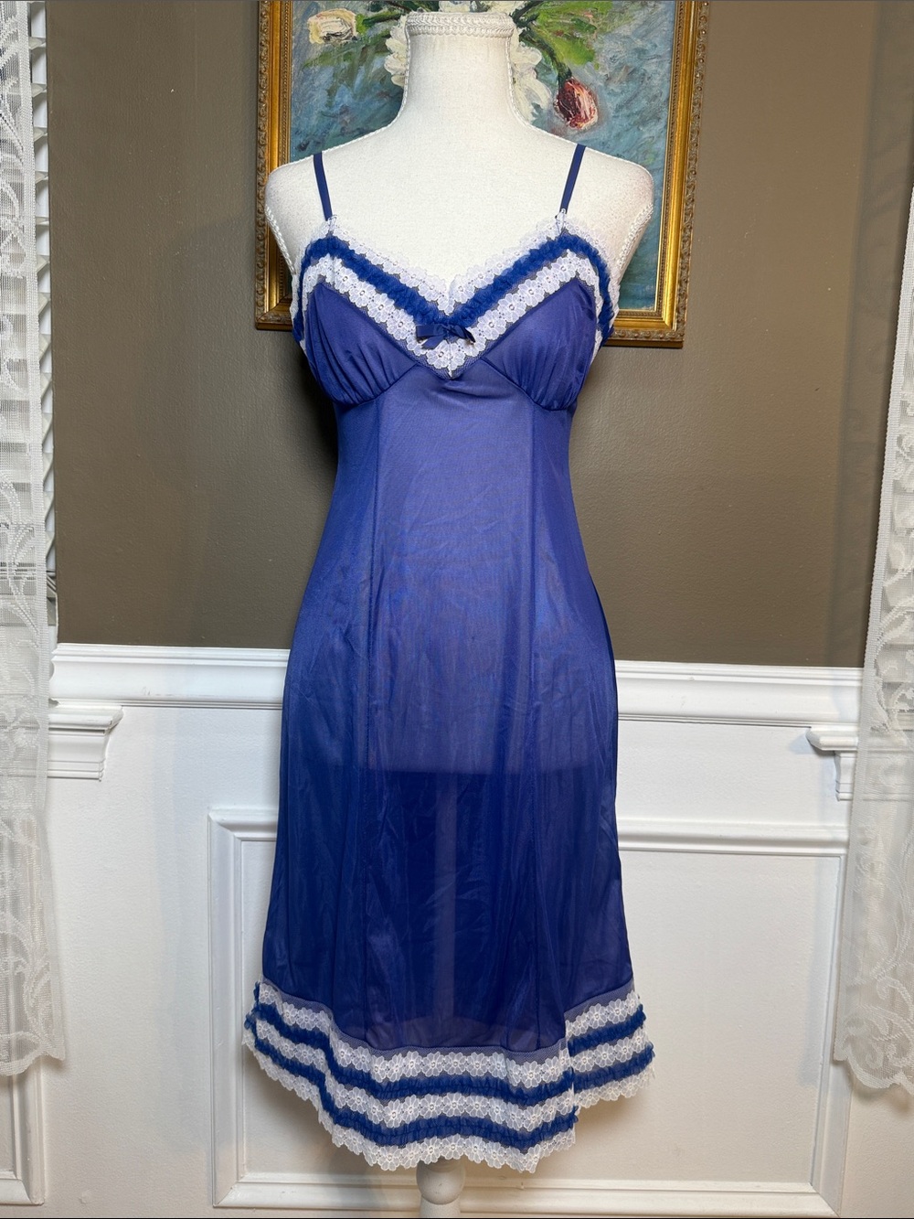 Vintage 70s Charmese Navy Blue Sheer Nylon Lace Slip Dress Size 36